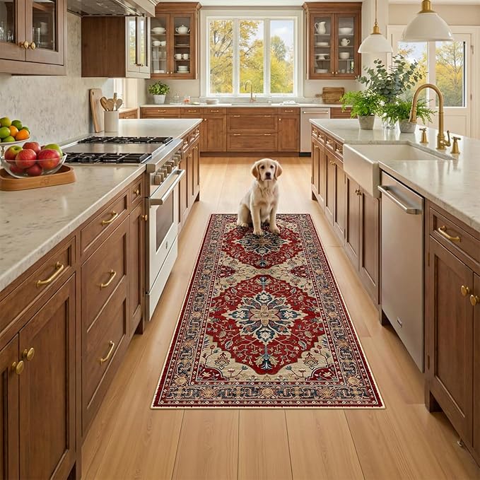 RELEANY Area Rugs Runner 2'x6' Washable Non-Slip, Floral Vintage Distress Medallion Carpet for Kitchen Hallway Bedroom Beside Laundry Room Bathroom, Red Blue