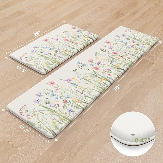 KIMODE Anti Fatigue Kitchen Mats for Floor, Farmhouse Floral Kitchen Rugs Set of 2, 17"x59"+17"x29" Kitchen Floor Mats Non-Slip, Cushioned Standing Mat for Sink, Laundry, Desk, Home White