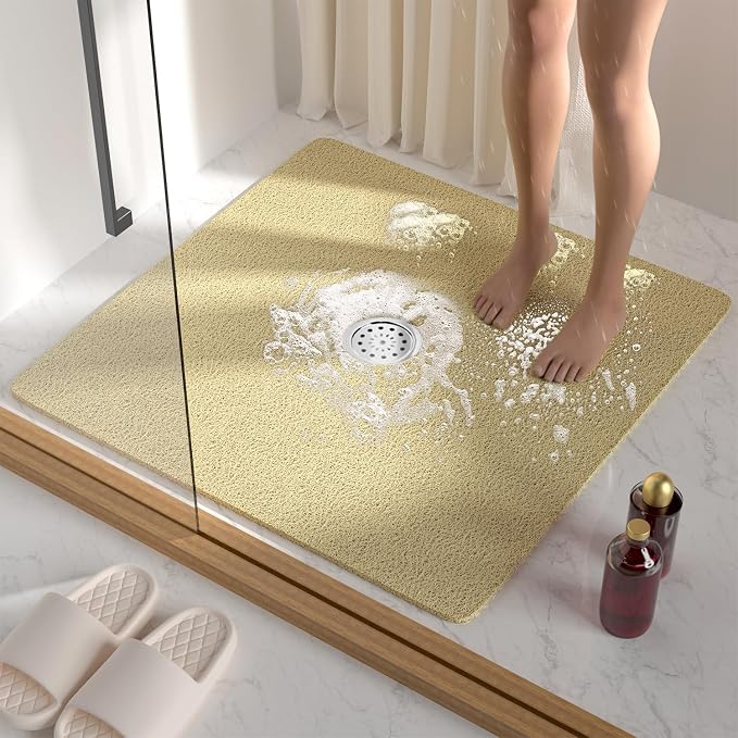 HITSLAM Square Shower Mat, 27 x 27 Inch Non Slip Bath Mat for Tub, Soft PVC Loofah Bathtub Mats with Drain Holes, Quick Drying Bathroom Stall Floor Mat, Bathroom Accessories Without Suction Cup, Beige