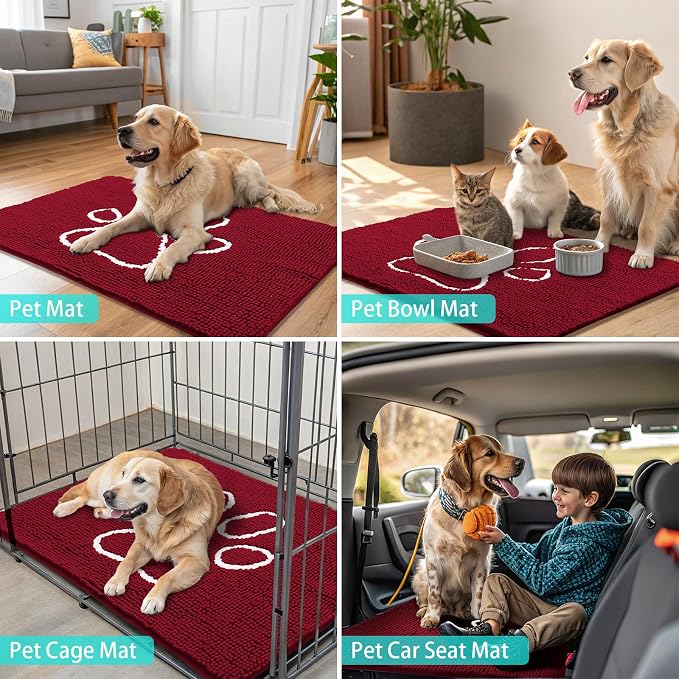 Smiry Dog Door Mat for Muddy Paws, Absorbent Dirt Trapper Non Slip Quick Dry Washable Chenille Mat for Mud Dogs, Entry Rug for Indoor and Outdoor (48x30 Inches, Red and White)