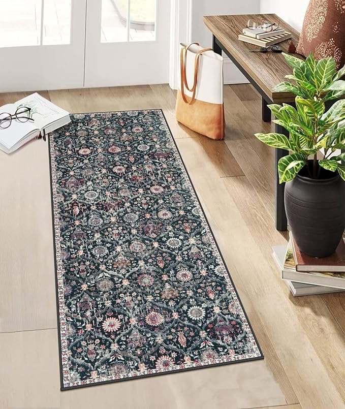 Lahome Moroccan Trellis Kitchen Runner, 2x5 Rug Runners for Hallways Non Slip Laundry Room Rug, Ultra-Thin Washable Vintage Carpet for Bedroom Bathroom Elise, Black/Multi