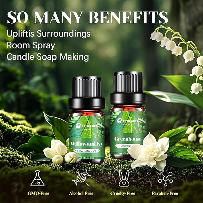 Spring Fragrance Oils Set, Essential Oils for Diffuser for Home, Candle Sopa Making - Enchanted Forest, Willow and Ivy, Clover and Aloe, Fresh Bamboo, Scented Oil Gift Set
