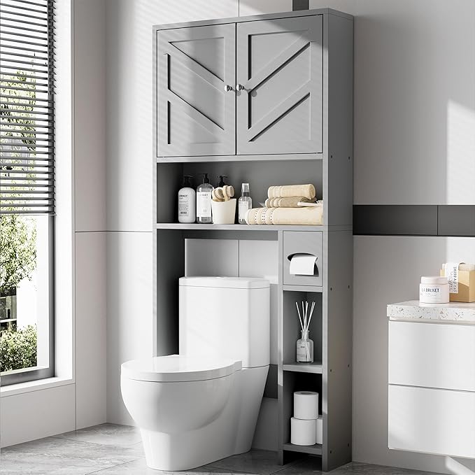 Farmhouse Storage Cabinet Over Toilet with Toilet Paper Holder Stand, Freestanding Bathroom Storage Organizer Cabinet, Grey