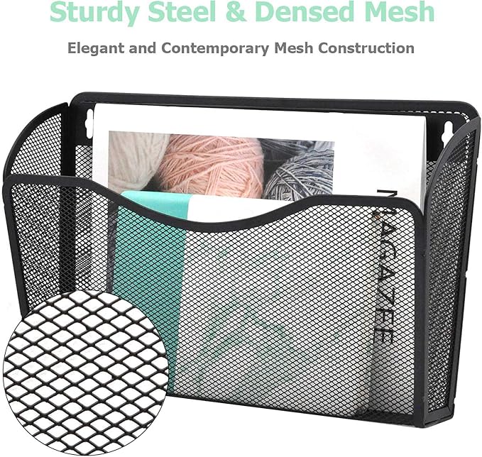 EASEPRES 3 Single Pocket Mesh Hanging File Organizer, Vertical Wall Mounted Magazine File Holder, Mount Basket Mail Paper Document Folder Organizing for Office, Home and School, Black