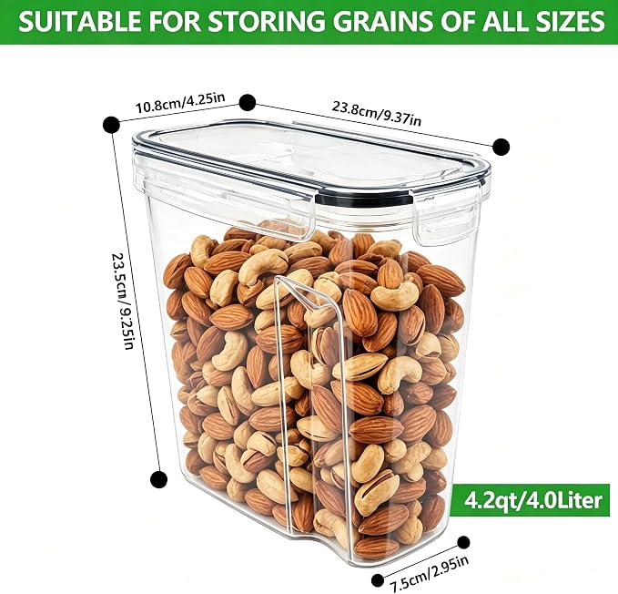 4 Pack 4L/135oz Cereal Storage Containers, Airtight BPA Free Plastic Cereal Dispenser with Lids, Large Dry Food Storage Canister for Pantry, Rice, Flour, Sugar, Pasta