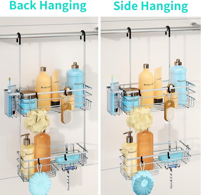 HapiRm Hanging Shower Caddy Organizer - No Drilling Shower Shelves with Hooks and Toothbrush Holder, Rustproof 304 Stainless Steel Bathroom Organizer - Silver