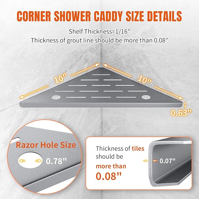 Corner Shower Shelves with Rozar Hole,Rustproof Stainless Steel Shower Caddy Organizer Modern Sturdy Corner Shelf for Shower,10" Large Capacity No-Drill Rack Storage Bathroom Accessories,Sliver