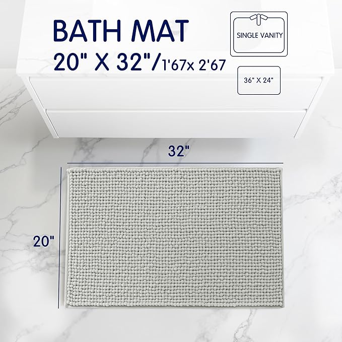 SUBRTEX Bathroom Rugs, 20" x 32" Chenille Bath Rug Soft Short Plush Bath Mat Soft Shower Mat Water Absorbent Shower Mat Quick Dry Machine Washable, Light Gray