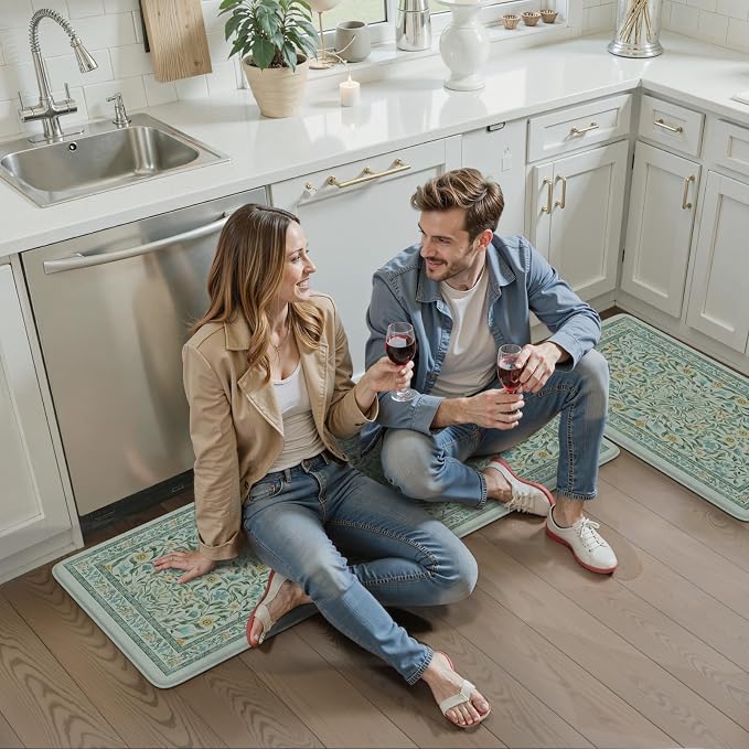 KIMODE Kitchen Mats for Floor Anti Fatigue, Kitchen Floor Mats 17.3"x29"+17.3"x47", Boho Floral Kitchen Rugs Sets of 2, Comfort Padded Rugs for Kitchen Floor Laundry Office Sink Desk Blue Green