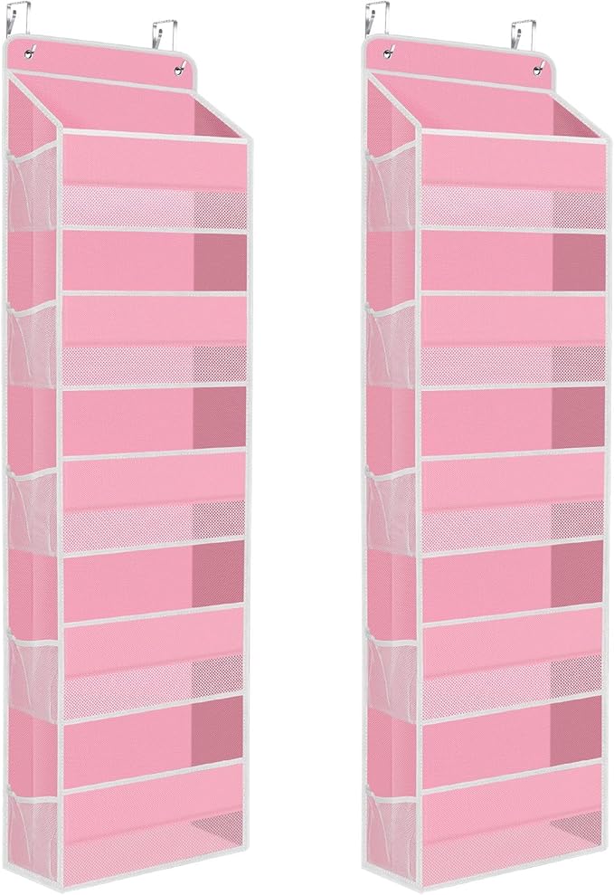 SpaceHacks 2 Pack Over The Door Organizer Hanging Storage Organizers with Clear Window 40lb Large Capacity Room Organizer for Pantry Laundry Bathroom Nursery Closet(Pink)