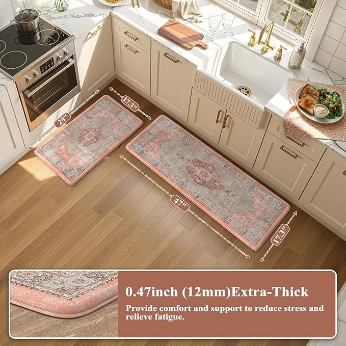 Collive Boho Kitchen Mats for Floor Cushioned, Anti Fatigue Waterproof Kitchen Rug Set of 2 Non Skid Comfort Standing Mat for Office, Sink, Laundry, 17.3"x29"+17.3"x47"(Coral & Greige)
