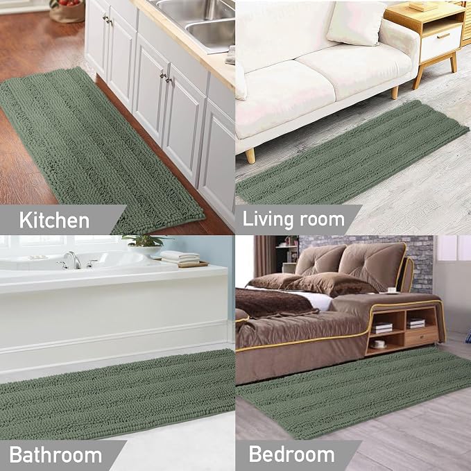 Turquoize Bathroom Runner Rug Extra Long Chenille Area Rug Non-Slip Green Bath Room Rug Shag Shower Mat Green Rugs Kitchen Rugs Washable Bath Mats for Bathroom 59 x 20 inches, Green Bay