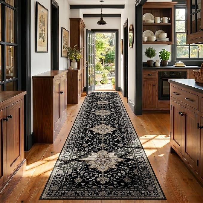 RELEANY Area Rugs Runner 3'x20' Washable Non-Slip, Floral Vintage Distress Medallion Carpet for Kitchen Hallway Bedroom Beside Laundry Room Bathroom, Black Brown Neutral Dark Tan