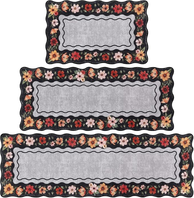 Vaukki Boho Kitchen Rug Sets 3 Pieces, Washable Kitchen Mats for Floor, Non Slip Soft Kitchen Area Rug Floor Mat for Kitchen, Laundry Room and Hallway (Flower-Black, 20''x32''+20''x47''+20''x59'')