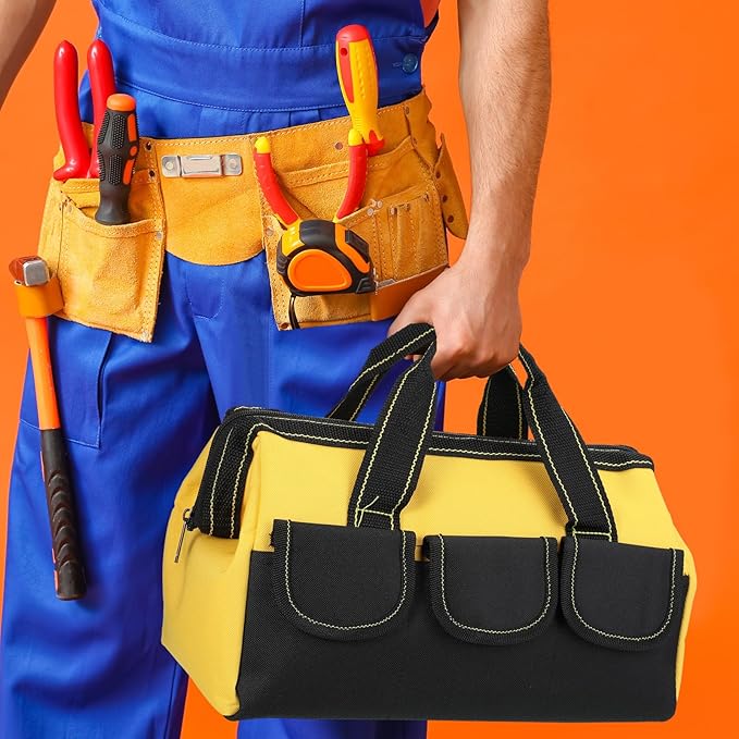 Sanwuta 3 Pack Tool Bag for Men with Waterproof Hard Bottom, Heavy Duty Tool Bag Wide Mouth Tote for Various Instrument, Electrician Carpenter Mechanic(Yellow,16 Inch,Classic)