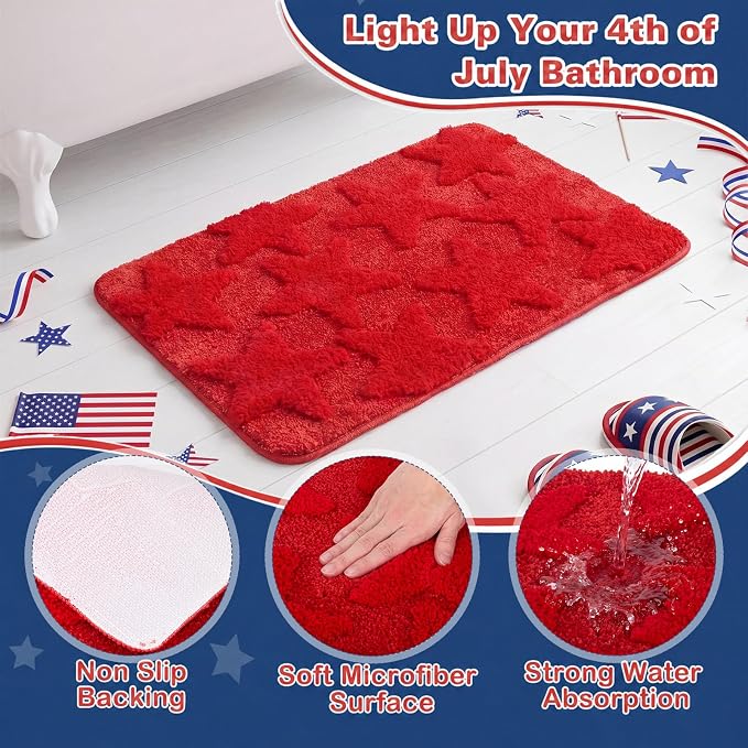 Capoda 1 Pcs Patriotic Bathroom Rug 20 x 30 Inch 4th of July Star Bath Mat Non-Slip Soft Microfiber 4th of July Shower Rug for Independence Day Home Kitchen Bathroom Entrance Decor(Star, Red)