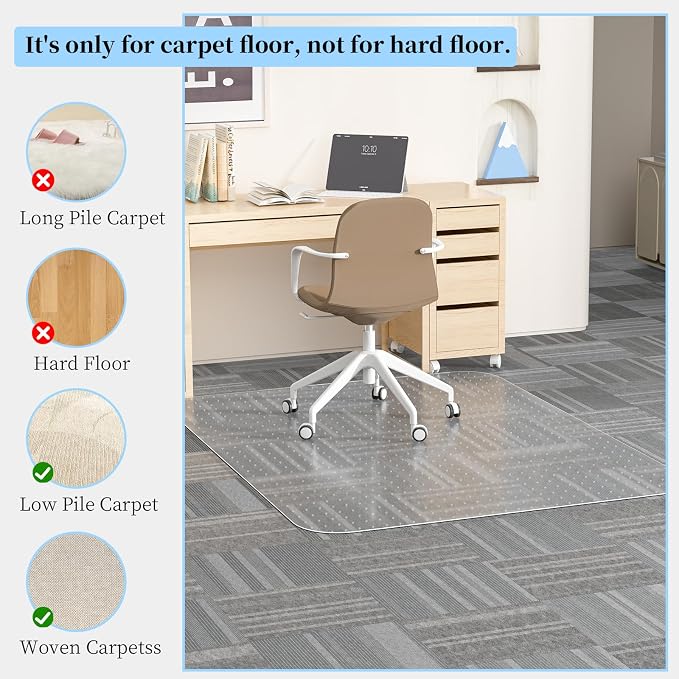 Tonaus Office Chair Mat for Carpet, 48"×60" Transparent Carpet Floor Protector Cover Rug Mat with Non-Slip Studded, 2.2mm Thick Heavy Duty for Home Computer Desk Rolling Chair Carpets Low Pile