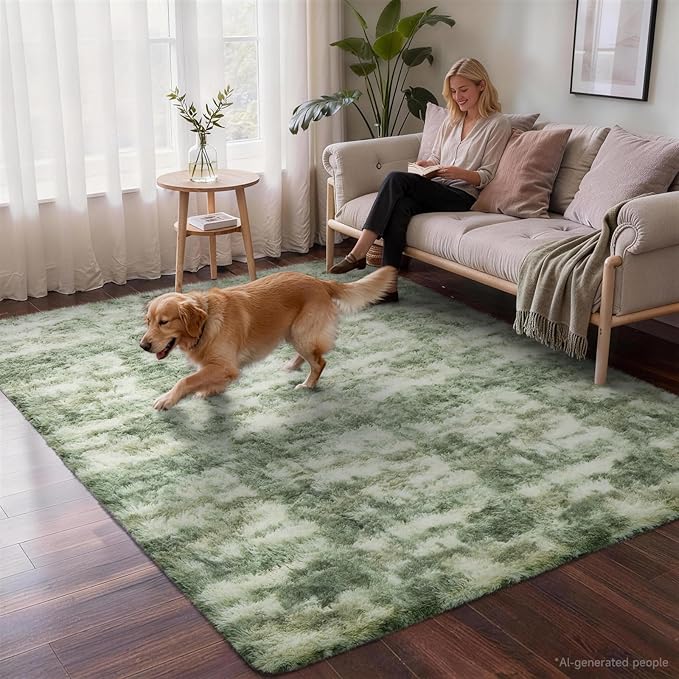 Ophanie Green and White Area Rugs for Living Room 5x7, Sage Green Fluffy Shag Large Fuzzy Plush Soft Carpets, Floor Shaggy Rugs for Bedroom, Carpet for Kids Girls Dorm Nursery Home Decor Aesthetic