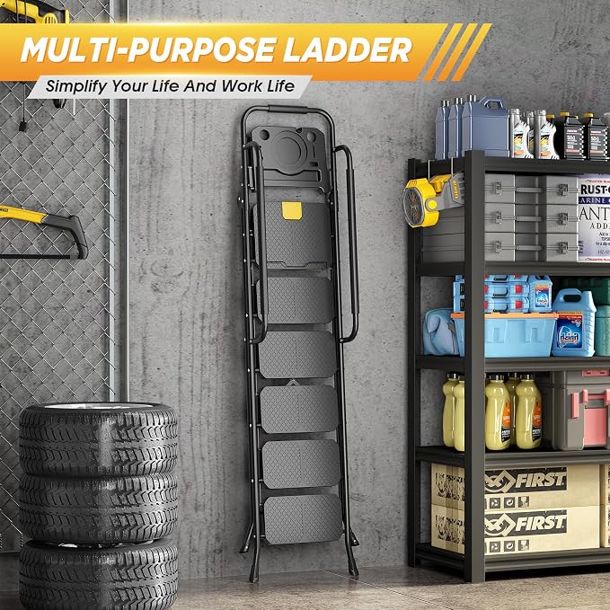 KINGRACK Step Ladder, Sturdy Steel Step Stool with Anti-Slip Wide Pedals, Handrail, Safe-Lock Design, 800lbs Folding Portable Ladder for Multi-Purpose, Home, Kitchen (6-Step with Tool Platform)