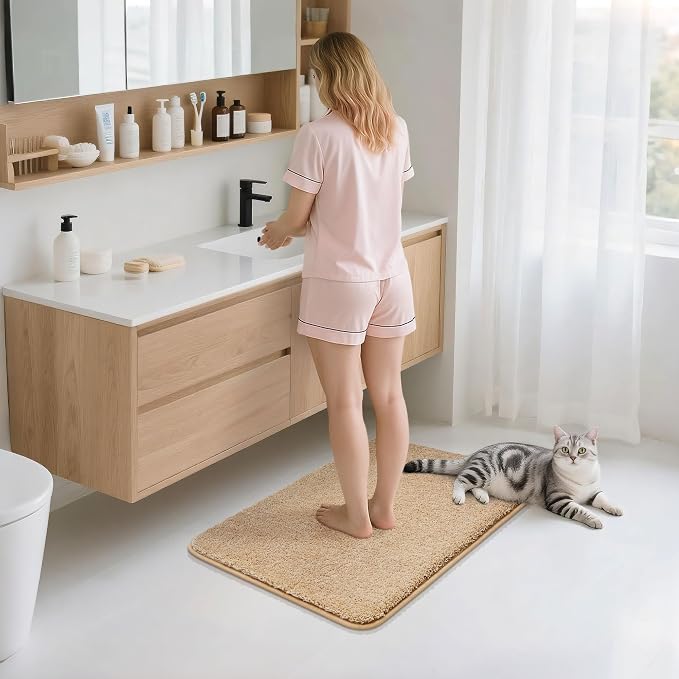 COSY HOMEER Extra Thick Bath Rugs for Bathroom - Anti-Slip Bath Mats Soft Plush Yarn Shaggy 100% Strong Mirco Polyeste Mat Living Room Bedroom Mat Floor Water Absorbent(Beige,16x24 - Inches)