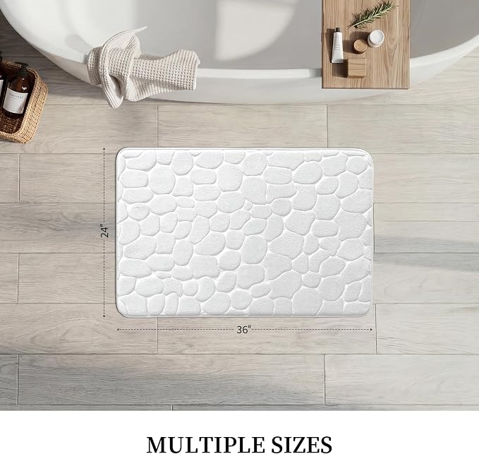 YIHOUSE Memory Foam Bath Mat Cobblestone Bathroom Rugs Super Water Absorbent Bath Mats for Bathroom Machine Washable Bath Rugs(24 x 36,White)