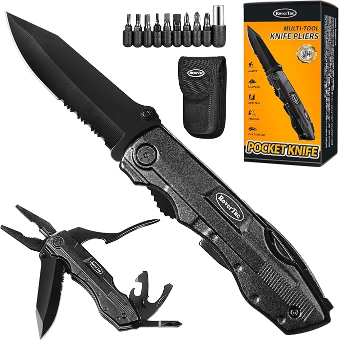 RoverTac Pocket Knife, 15-in-1 Multitool with Pliers, Bottle & Can Opener, 9 Screwdriver Bits, Locking Mechanism & Nylon Sheath - EDC Multi Tool for Camping, Hiking & DIY, Gift for Men & Dad