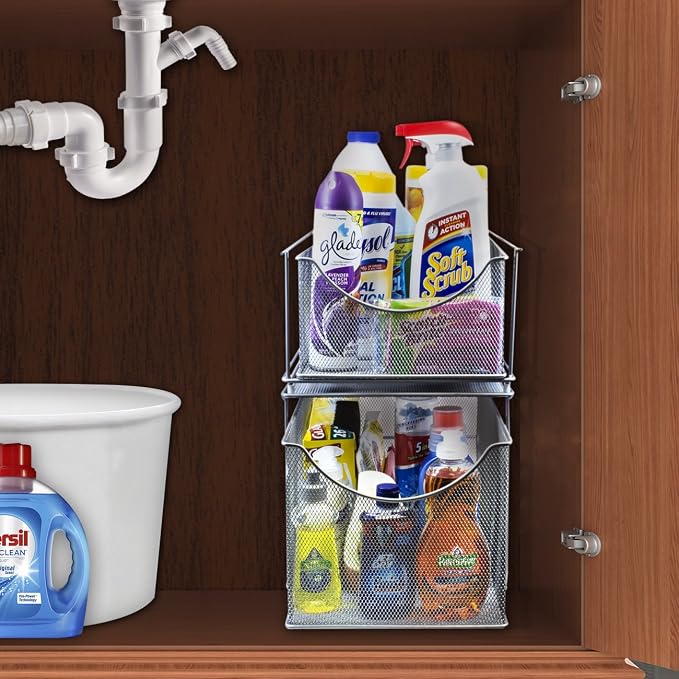 Sorbus® Cabinet Organizer Set —Mesh Storage Organizer with Pull Out Drawers—Ideal for Countertop, Cabinet, Pantry, Under the Sink, Desktop and More (Silver Two-Piece Set)