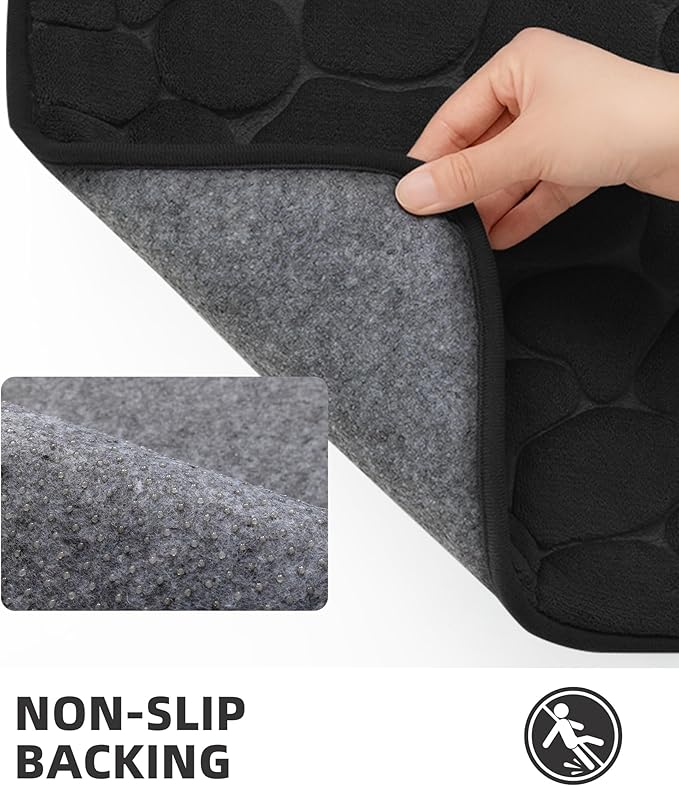 YIHOUSE Memory Foam Bath Mat Cobblestone Bathroom Rugs Super Water Absorbent Bath Mats for Bathroom Machine Washable Bath Rugs(20x32,Black)