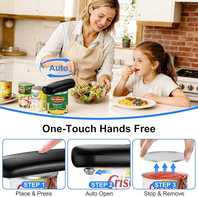 Electric Can Opener, Automatic Hands-Free Can Opener with Smooth Edge, One-Touch Operation USB Rechargeable, for Seniors, Arthritis Sufferers, Kitchen and Camping Use, Replaceable Blade (Black)