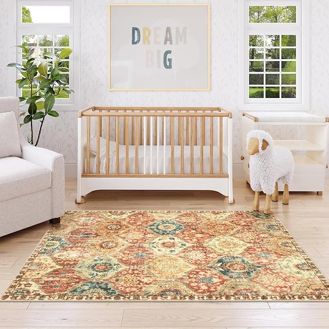 Lahome Moroccan Machine Washable Rugs for Living Room, 4x6 Rug for Bedroom Non-Slip Vintage Trellis Ultra-Thin Throw Carpet for Dining Room Office Nursery Elise, Red/Orange