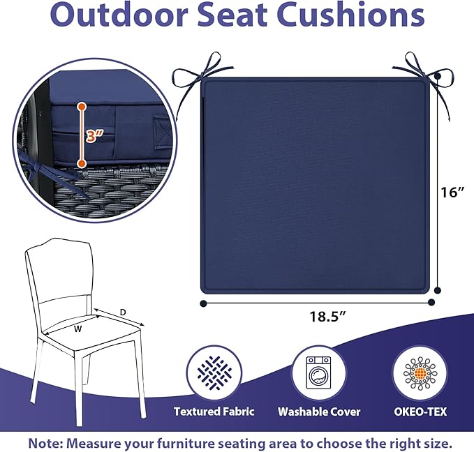 IPYNBAP Outdoor Chair Cushions Set of 4 -Waterproof Outdoor Seat Cushions for Patio Furniture, Patio Chair Cushion with Handle and Ties, Out Door Chair Pads,18.5x16x3-Square, Navy Blue