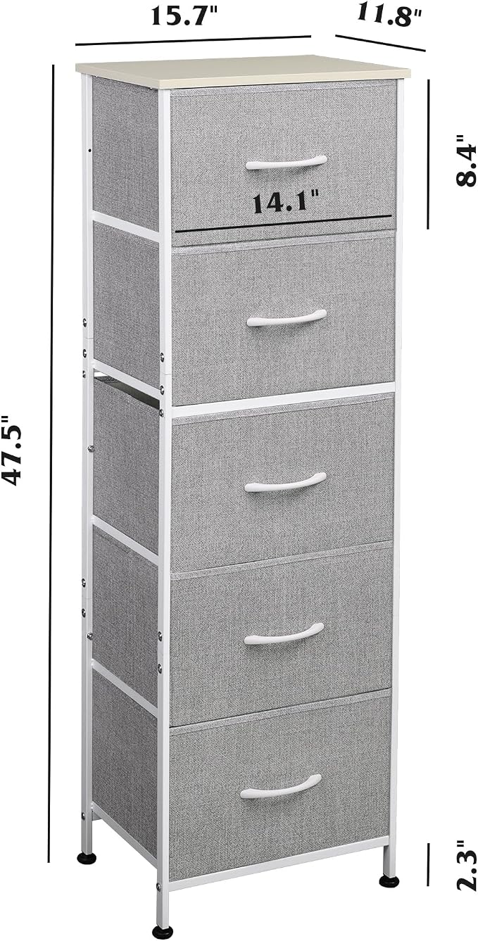 WLIVE Fabric Dresser, 5-Drawer Tall Dressers for Bedroom, Storage Dresser Organizer with Fabric Bins, Wood Top, Sturdy Steel Frame, Chest of Drawers for Closet, Hallway, Light Grey