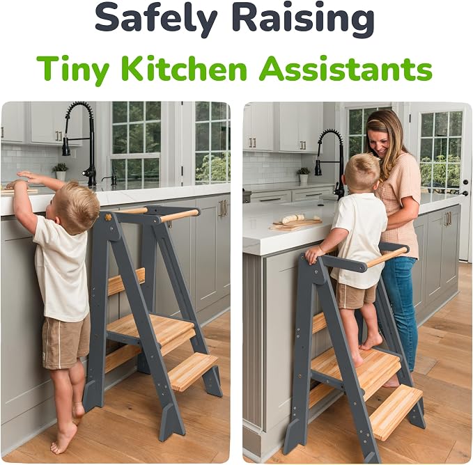 OCODILE Adjustable Foldable Toddler Tower – Folding Tower for Kids | Montessori Toddler Kitchen Step Stool Helper for Independence - Gray