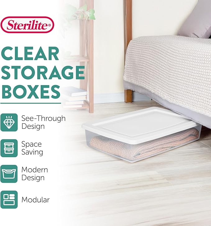 Sterilite 6 Pack Storage Box, 41 Quart Stackable Tote, Clear Plastic Container with Secure Snapping White Lids for Home and Office Organization