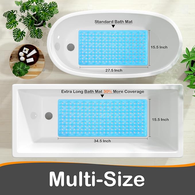 Yimobra Bathtub Mat Non Slip, 34.5"X15.5" Long Shower Mat for Inside Shower, Machine Washable Bath Mat with Drain Holes & Strong Suction Cups, Soft on Feet, Bathroom Essentials, Clear Blue