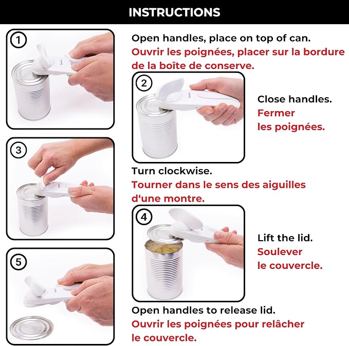 Starfrit Little Beaver Can Opener, Safe, Holds Lid and Leaves No Sharp Edges on Lid, Comfort Grip, 3-Year Warranty, White