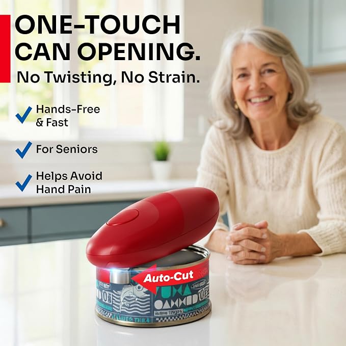MUELLER HOME SmoothEdge Auto Can Opener Electric – Battery‑Operated with Magnet Lid Lifter – Portable Hands‑Free One Touch Can Opener for Seniors & Arthritis, Red Kitchen Accessories