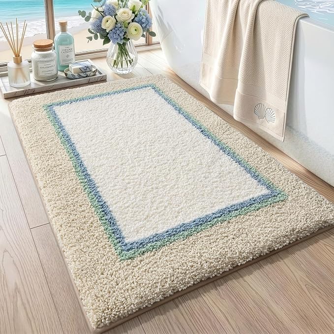 DEXI Bathroom Rugs 32x20, Absorbent Extra Soft Plush Microfiber Bath Mat for Bathroom, Non Slip Washable Bathmat Quick Dry for Shower Floor, Sink, Tub, Laundry Room, Beige and White