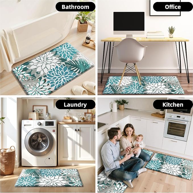 Arenarug Kitchen Mats for Floor 2PCS Cushioned Anti Fatigue Kitchen Mats Waterproof Non Slip Kitchen Mat Rug Set Comfort Foam Standing Mat for Sink, Laundry, Office,17.3" x 28" + 17.3" x 47", Teal