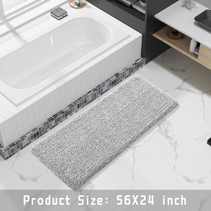 Yimobra Luxury Bathroom Rugs, Fluffy Bath Mats, Non Slip, Water Absorbent Microfiber, Machine Washable, Plush Runner Shower Rugs, Thick Matts for Bathroom Floor&Tub, 56" X 24", Light Gray and White