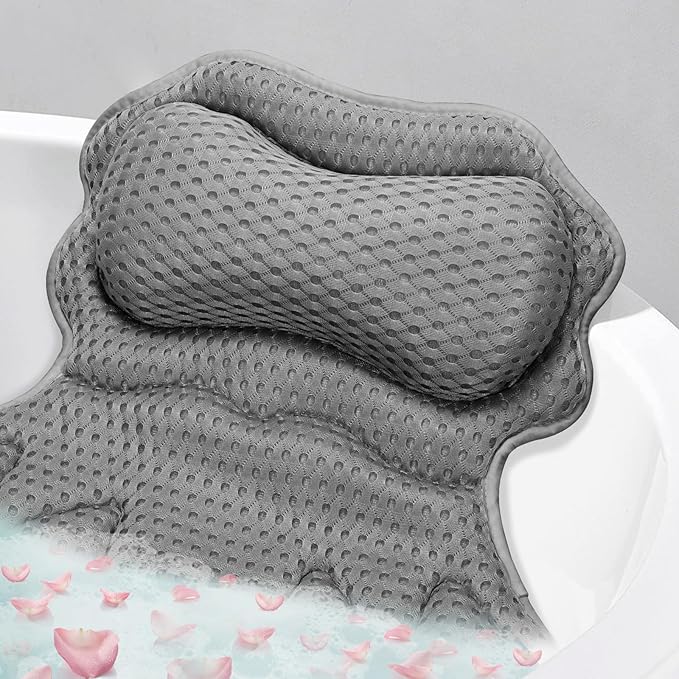 SetSail Bath Pillow, Relaxing Bath Pillows for Tub Neck and Back Support Soft 4D Breathable Air Mesh Ergonomic Bathtub Pillow with 6 Strong Suction Cups and Hook Luxury Bathroom Accessories,Grey