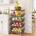 SAYZH Fruit Basket Kitchen Pantry Organizers and Storage - Wooden Top Table, Stackable Metal Wire Basket Stand Cart for Fruit Vegetable Snacks Onion Potato Organization (Black, 5 Tiers)