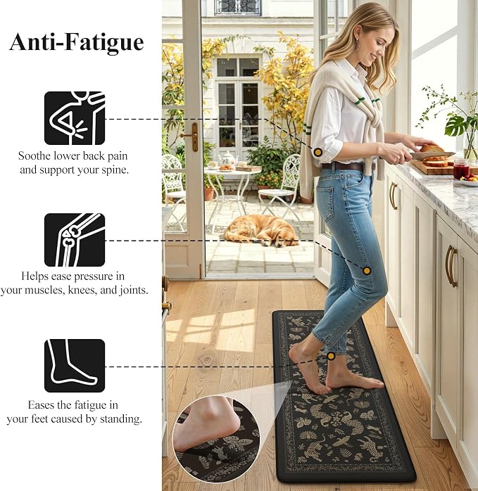 LEEVAN Cushioned Kitchen Mats for Floor 2 Piece, Anti Fatigue Mats for Kitchen Floor Non-Slip, Black Memory Foam Kitchen Mat Set, Waterproof Ergonomic Standing Mat for Bar, Office,Desk, Laundry