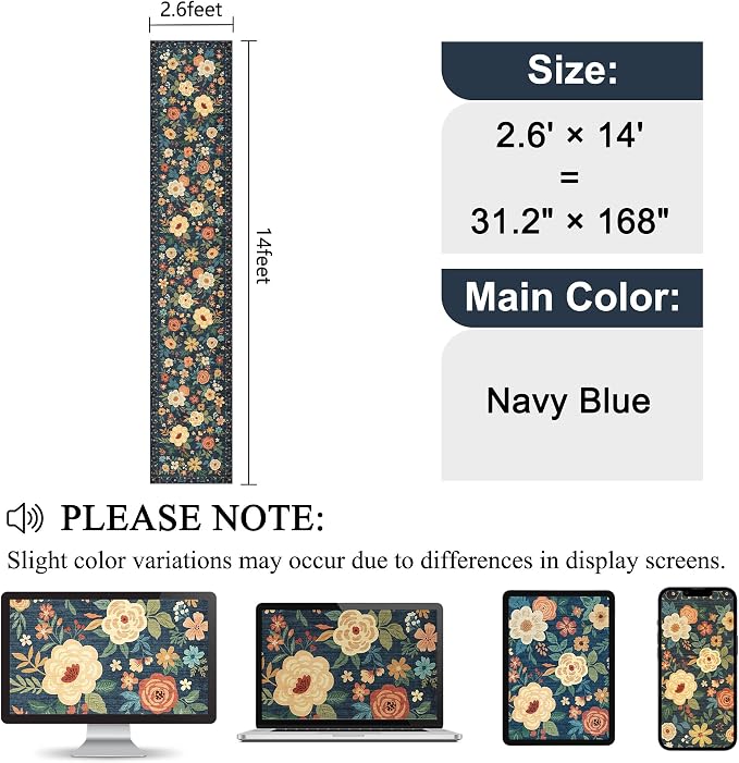 DUKINO 2.6x14 Kitchen Runner Rug, Lightweight Floral Washable Rug for Hallway, Boho Low Pile & Non Slip Backing Soft Floor Carpet for Entryway, Bedroom, Bathroom, Laundry, Navy Blue