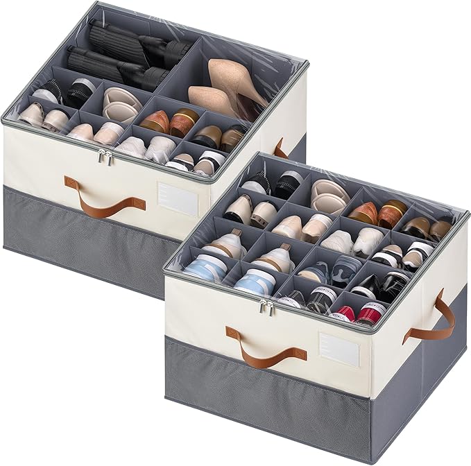 Shoe Organizer for Closet, 2 Pack Shoe Storage Containers with Adjustable Dividers, Space Saving Shoe Box Organizers Bins with Clear Lids & 4 Handles, Fits 16-32 Pairs, Beige & Grey