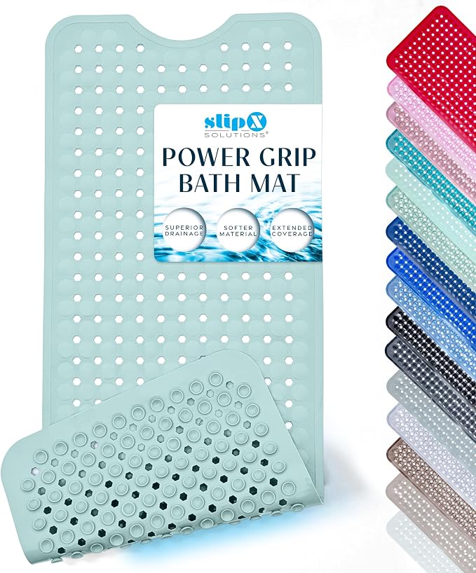 SlipX Solutions Power Grip Bathtub Safety Mat | Precision Grip Technology for Longer, Stronger, & Softer Wet Surface Protection | Solid Seafoam 39"x16"