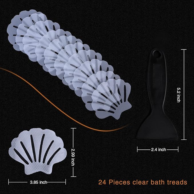 Secopad Non-Slip Bathtub Stickers, 24 PCS Shell Safety Bathroom Tubs Showers Treads Adhesive Decals Scraper (Clear)