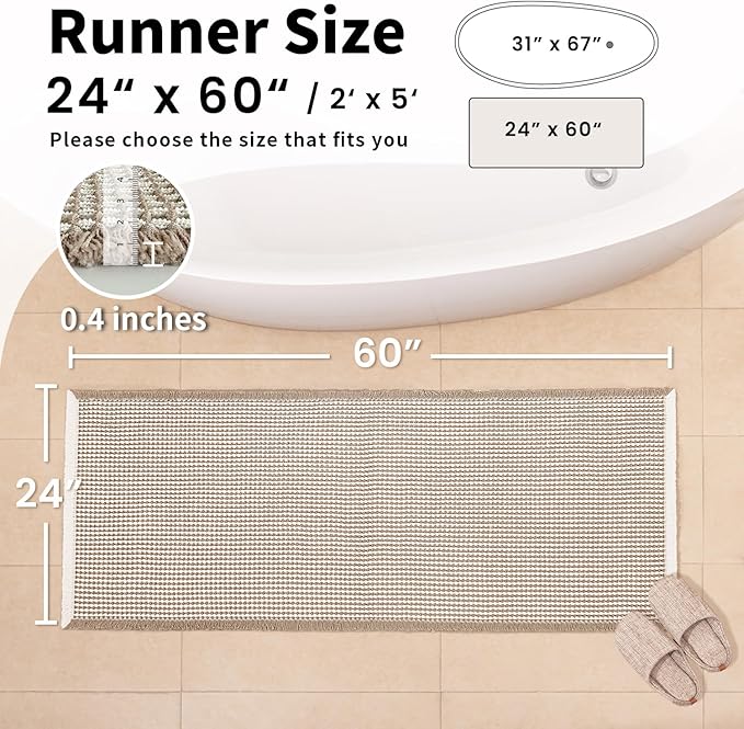 Waffle Runner Bath Mat - Long Boho Bathroom Rugs Non Slip Washable, Super Absorbent & Quick Dry, Soft Bath Mat Farmhouse Bathroom Decor, 24'' x 60'', Khaki and White