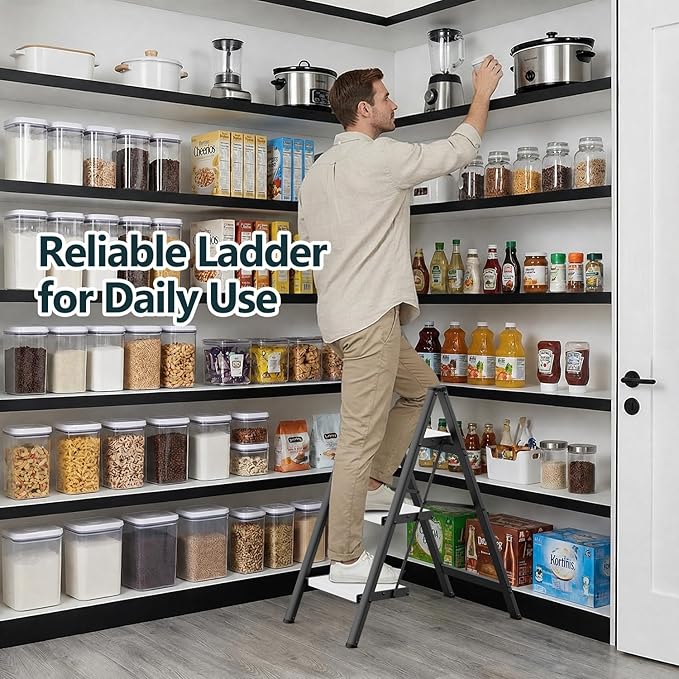 WOA WOA 3 Step Ladder, Folding Step Stool with Wide Non-Slip Aluminum Pedals, Stable and Portable, 330 lbs Capacity, for Home, Kitchen, Office - Black & White