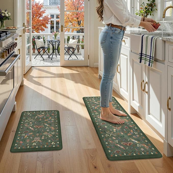 LEEVAN Anti Fatigue Mats for Kitchen Floor Non-Slip, Cushioned Kitchen Mats for Floor 2 Piece, Green Memory Foam Kitchen Mat Set, Waterproof Ergonomic Standing Mat for Bar, Office,Desk, Laundry